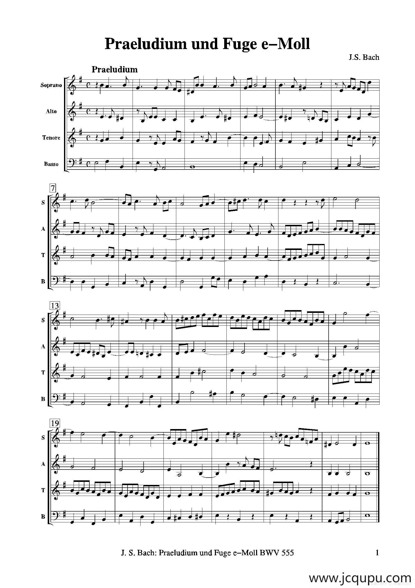 Praeludium und Fuge e-Moll（四重奏总谱+分谱）简谱