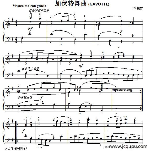 巴赫初级钢琴曲之二十一：加伏特舞曲简谱