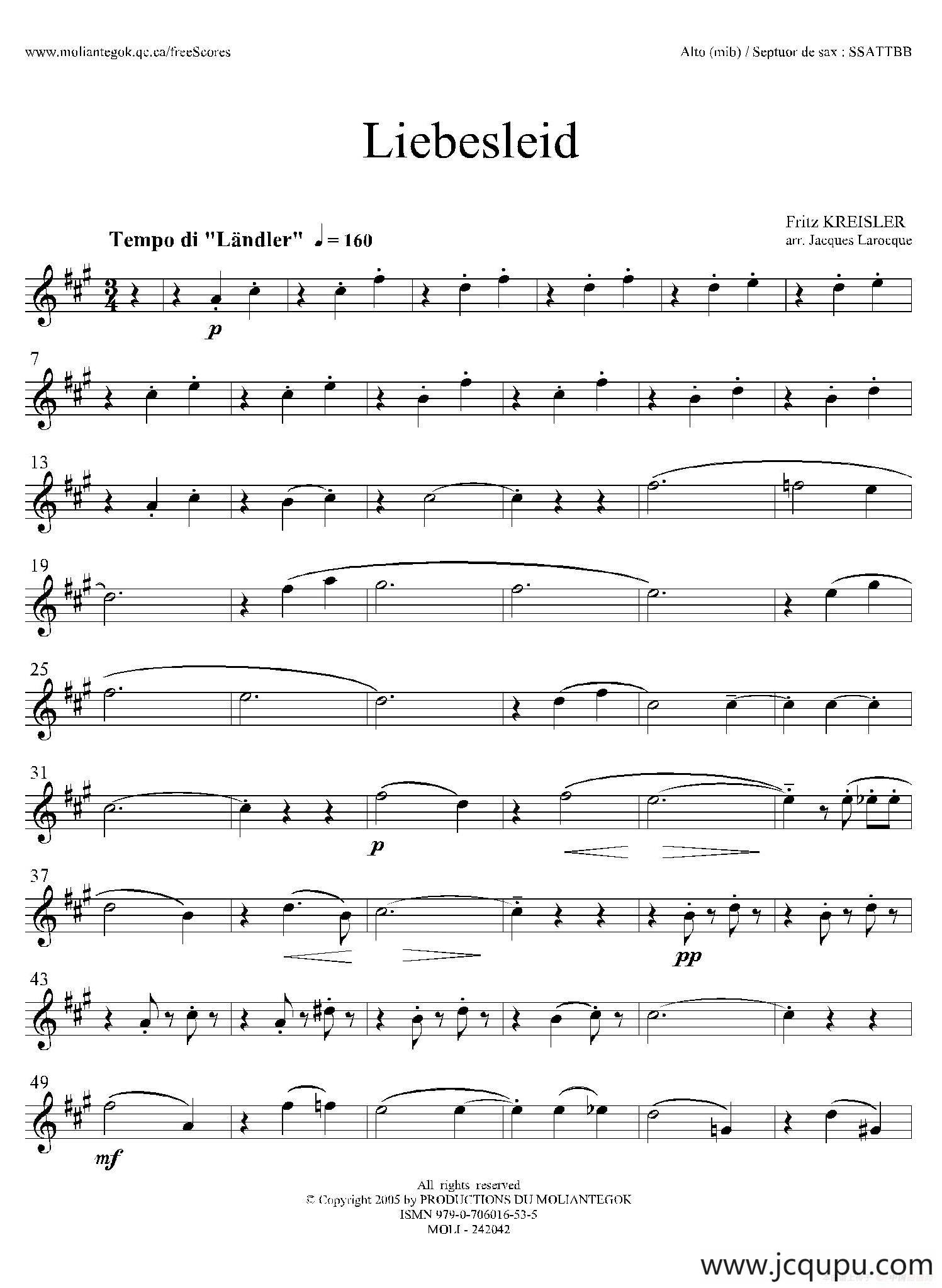 Liebesleid（四重奏、中音萨克斯分谱）简谱