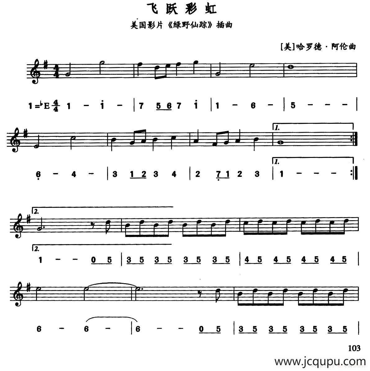 飞越彩虹（美国电影《绿野仙踪》插曲）（线简谱对照版）简谱