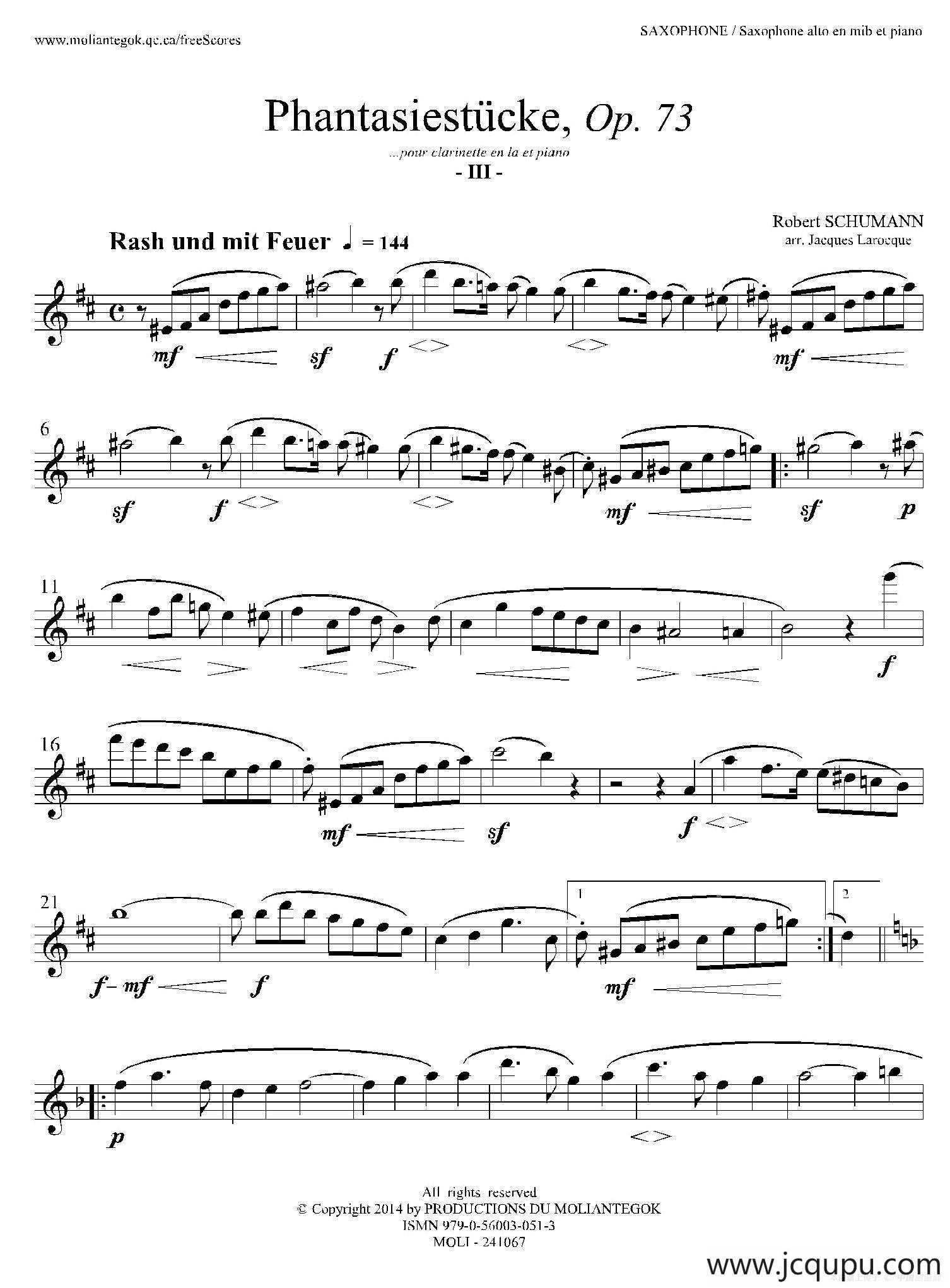 舒曼幻想曲三首 Op73（Ⅲ）简谱