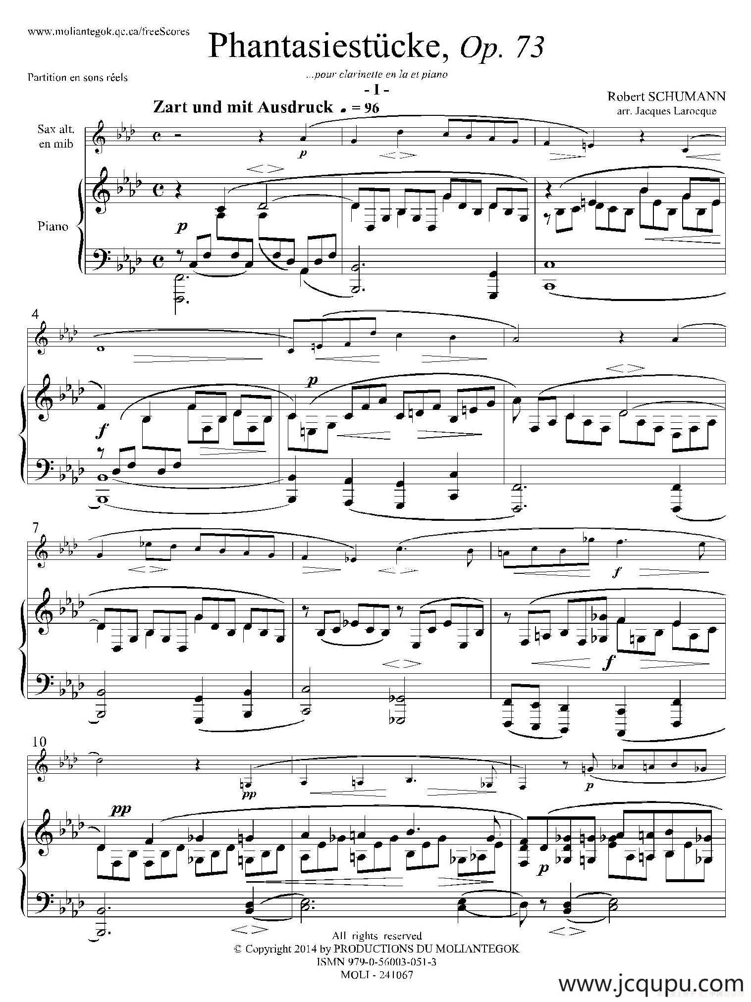 舒曼幻想曲三首 Op73（Ⅰ）（中音萨克斯+钢琴伴奏）简谱