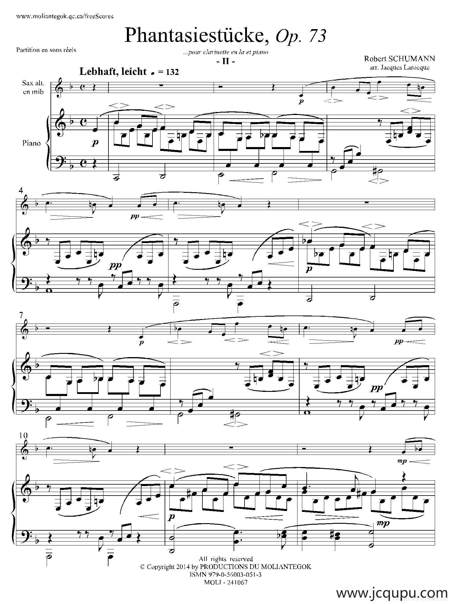 舒曼幻想曲三首 Op73（Ⅱ）（中音萨克斯+钢琴伴奏）简谱