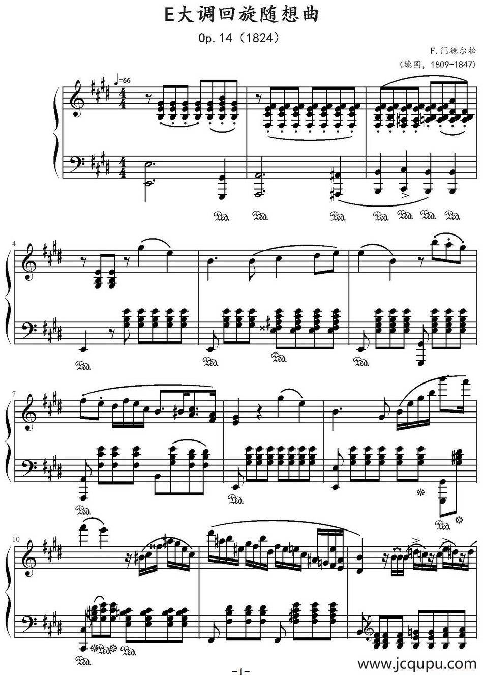 E大调回旋随想曲（门德尔松Op.14）简谱