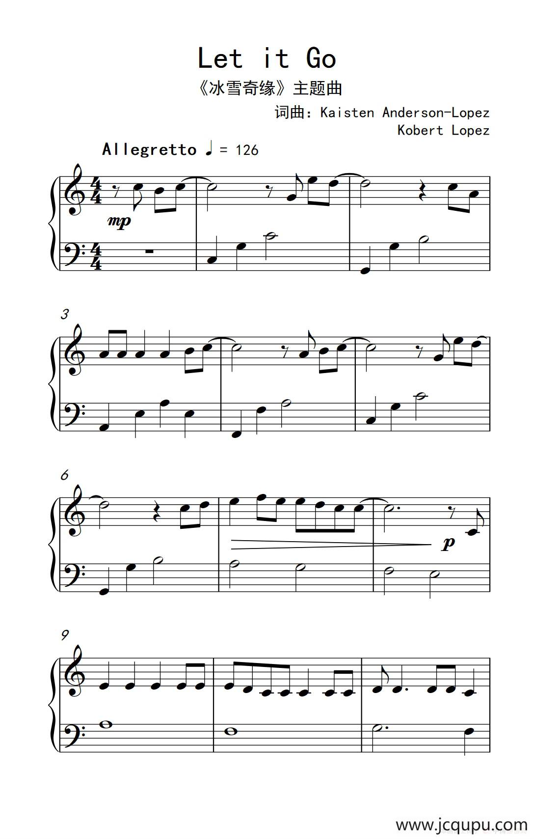 Let it Go（《弹吧音教》制谱版）简谱