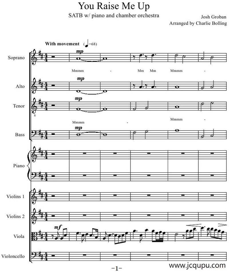 You Raise Me Up（四部合唱钢琴和乐队）简谱