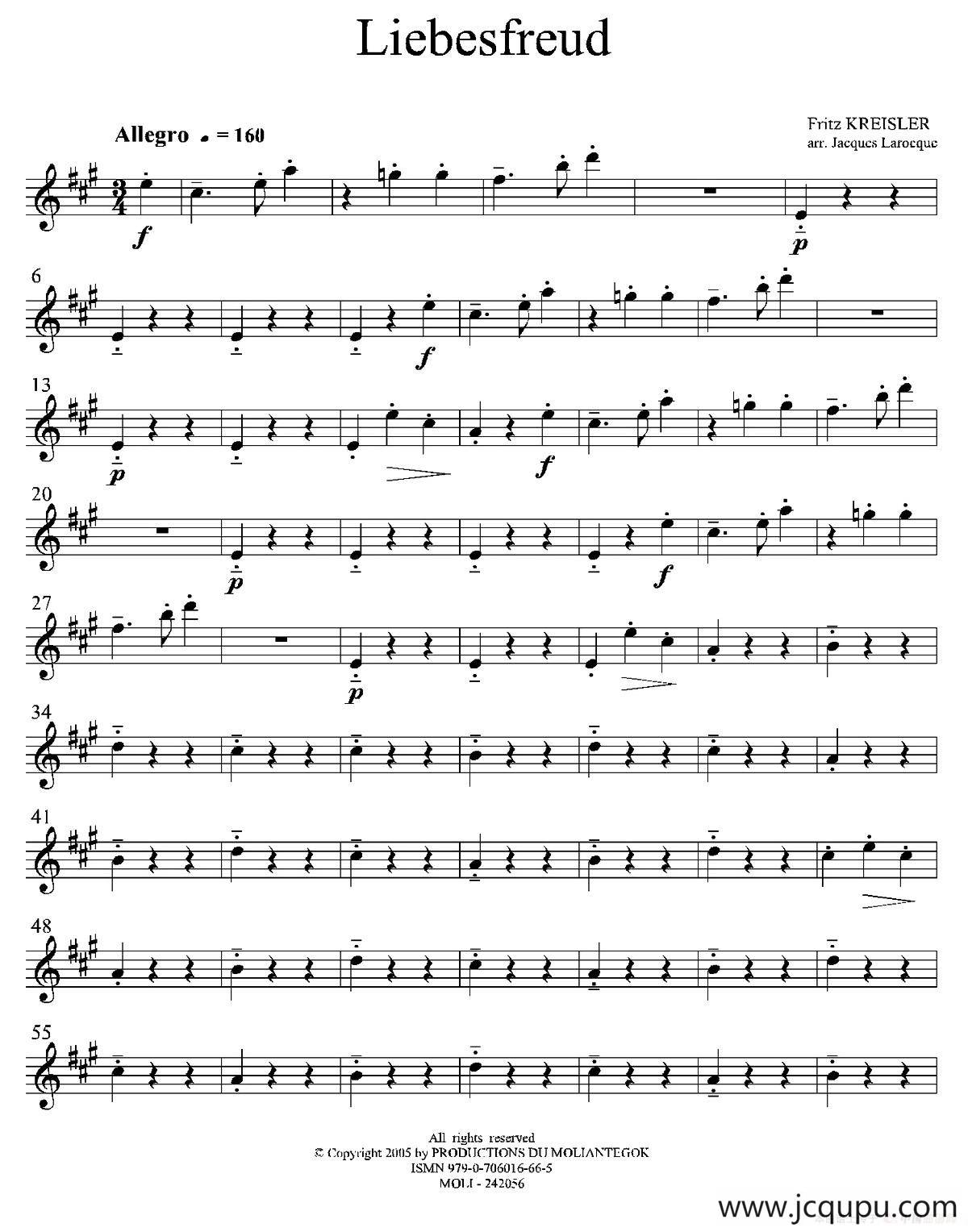 Liebesfreud（四重奏第一上低音萨克斯分谱）简谱