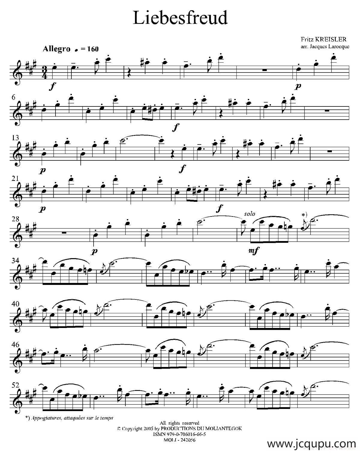 Liebesfreud（四重奏中音萨克斯分谱）简谱