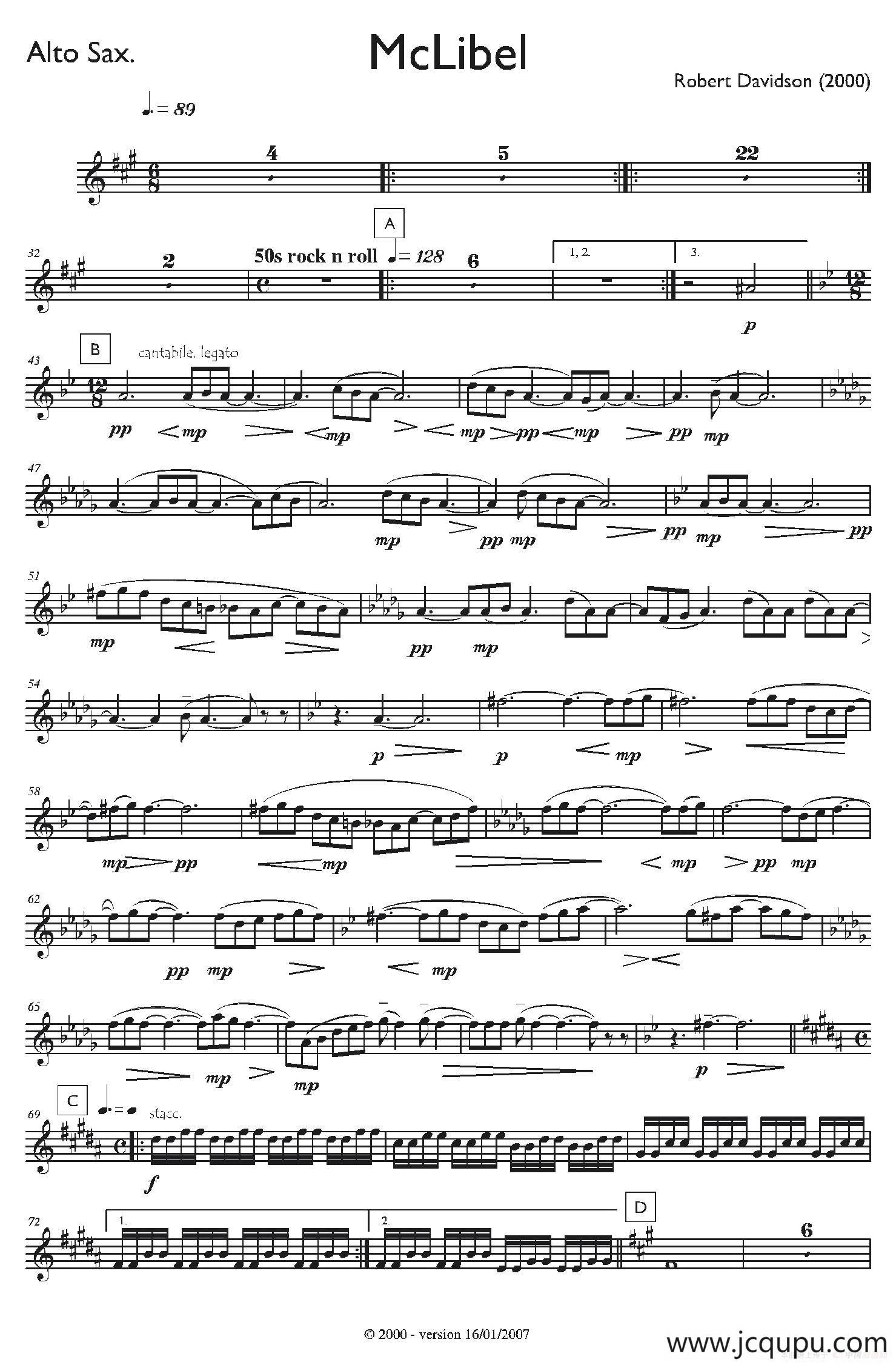 Mclibel（五重奏中音萨克斯分谱）简谱