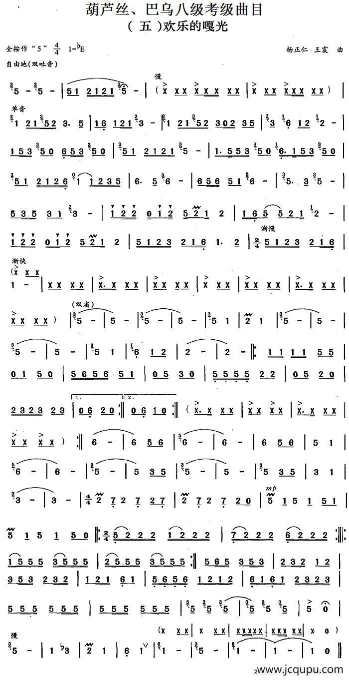 葫芦丝、巴乌八级考级曲目：欢乐的嘎光简谱