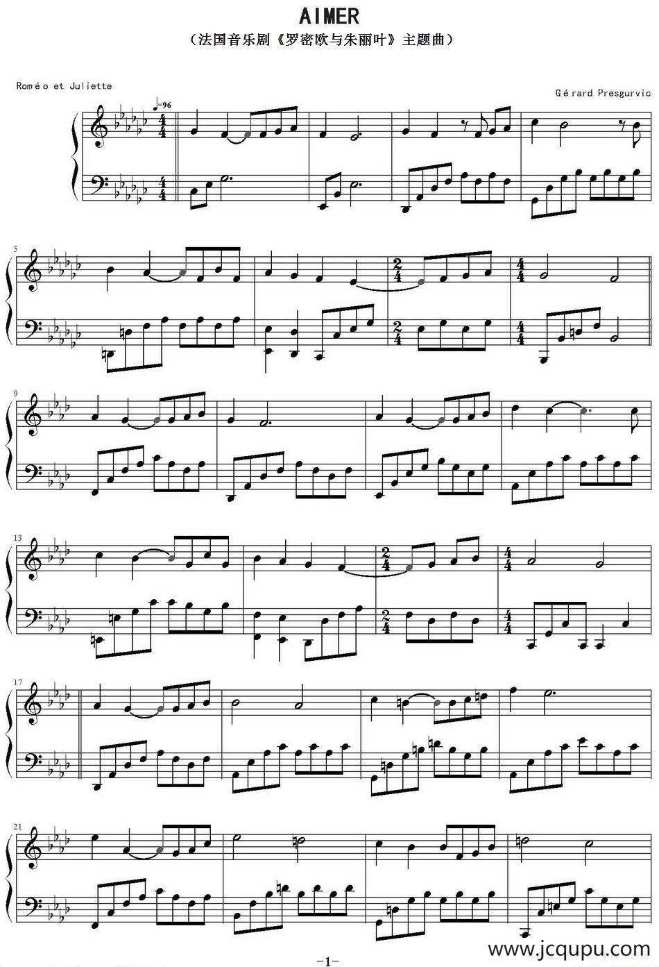 Aimer（法国音乐剧《罗密欧与朱丽叶》主题曲）简谱