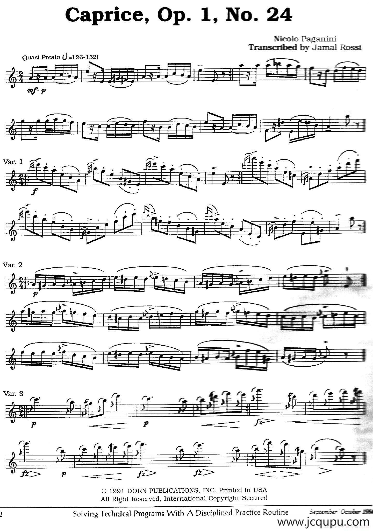 Caprice，Op.1，No.24（帕格尼尼第24首随想曲）简谱