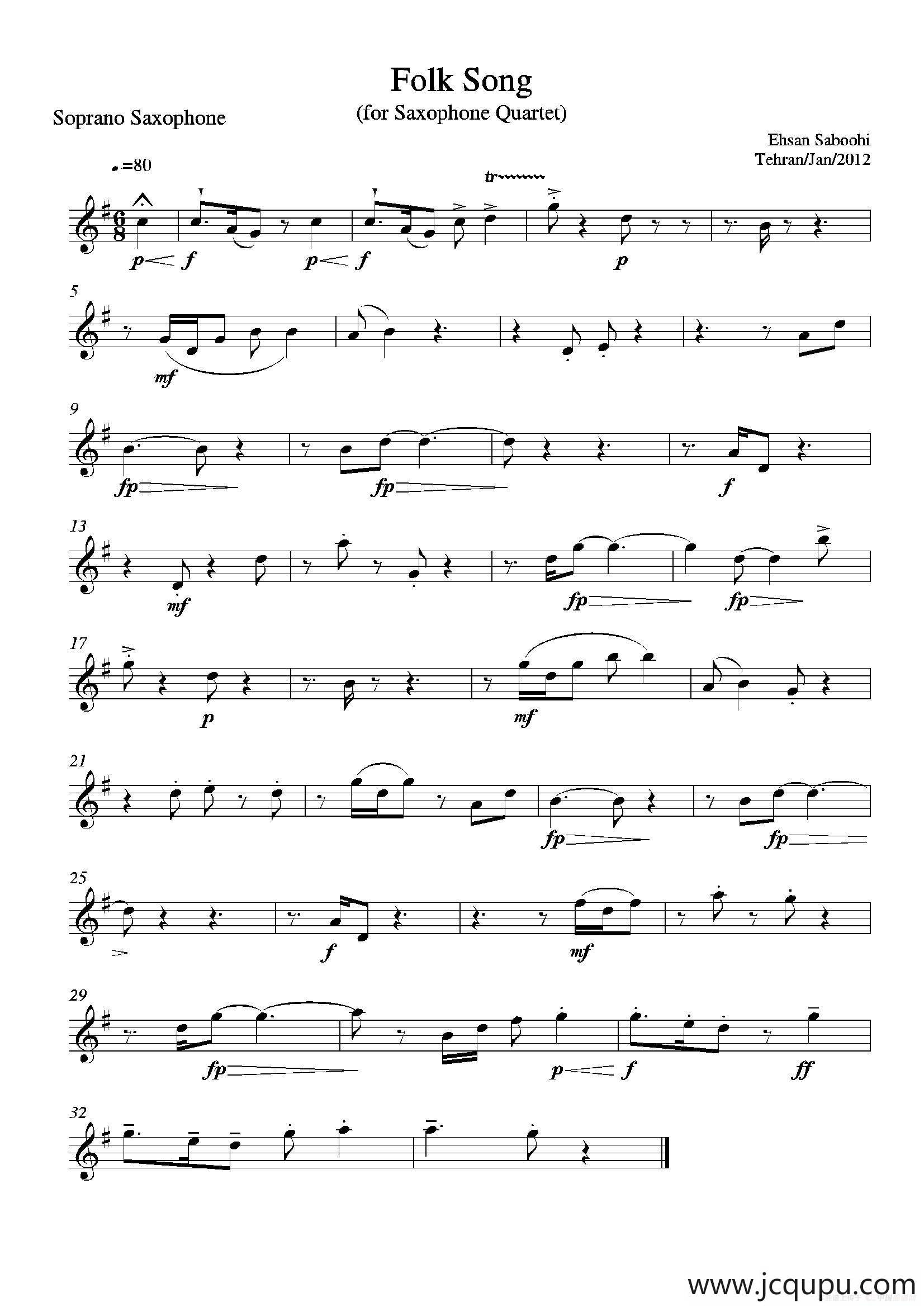 Folk Song（四重奏高音萨克斯分谱）简谱