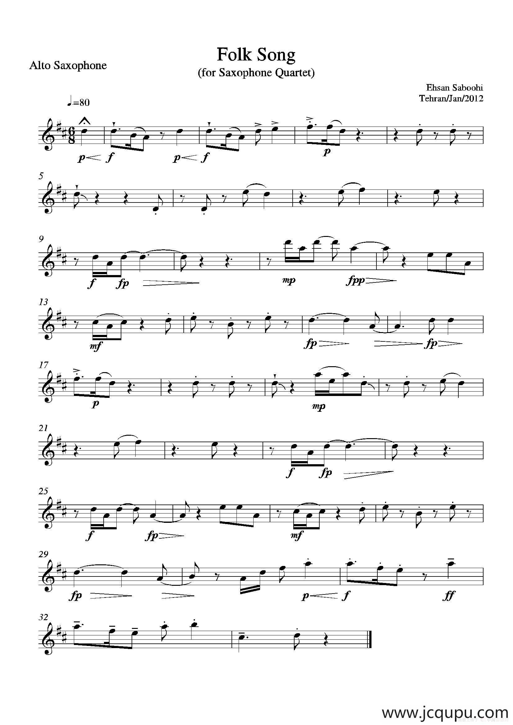 Folk Song（四重奏中音萨克斯分谱）简谱