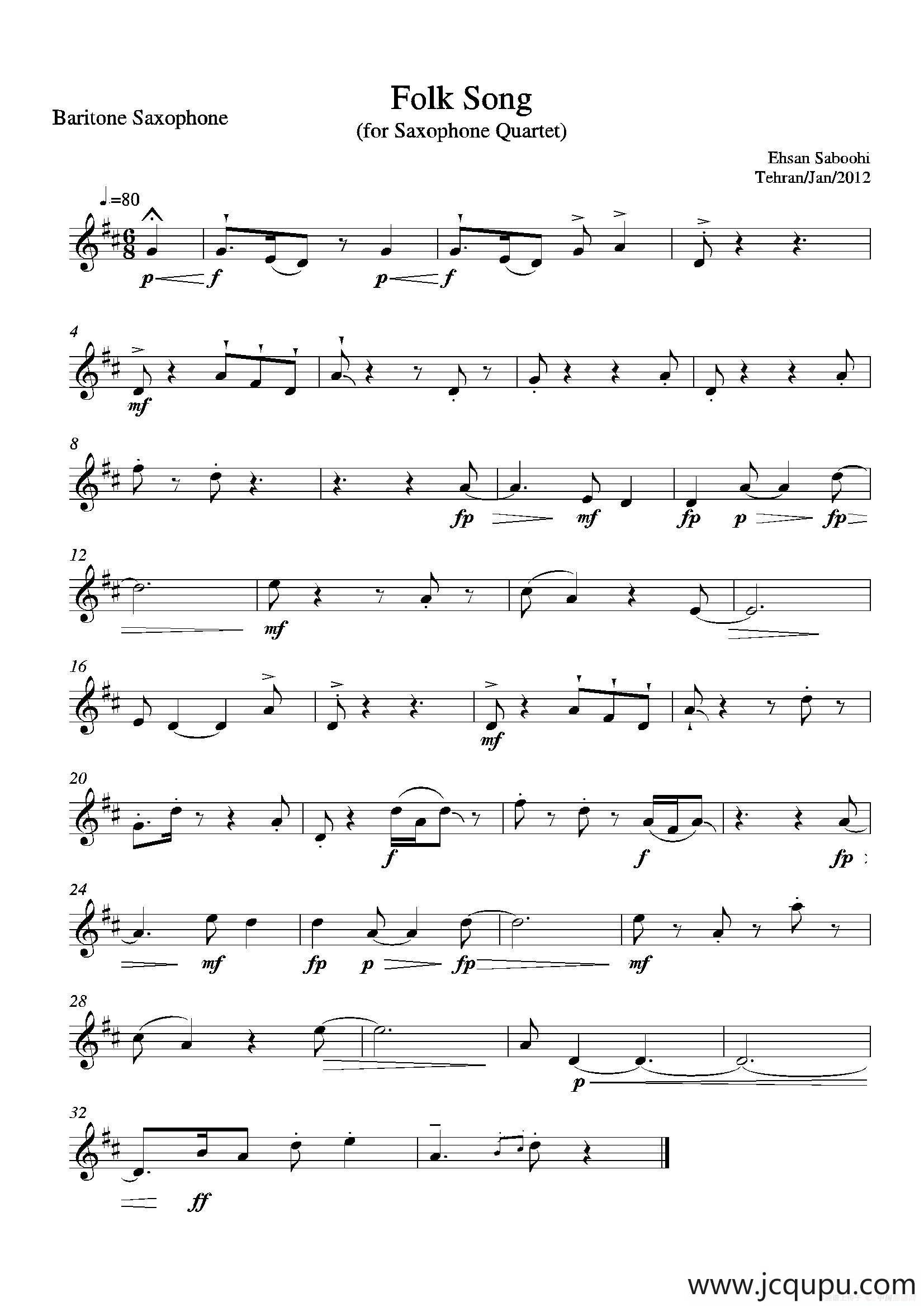 Folk Song（四重奏上低音萨克斯分谱）简谱