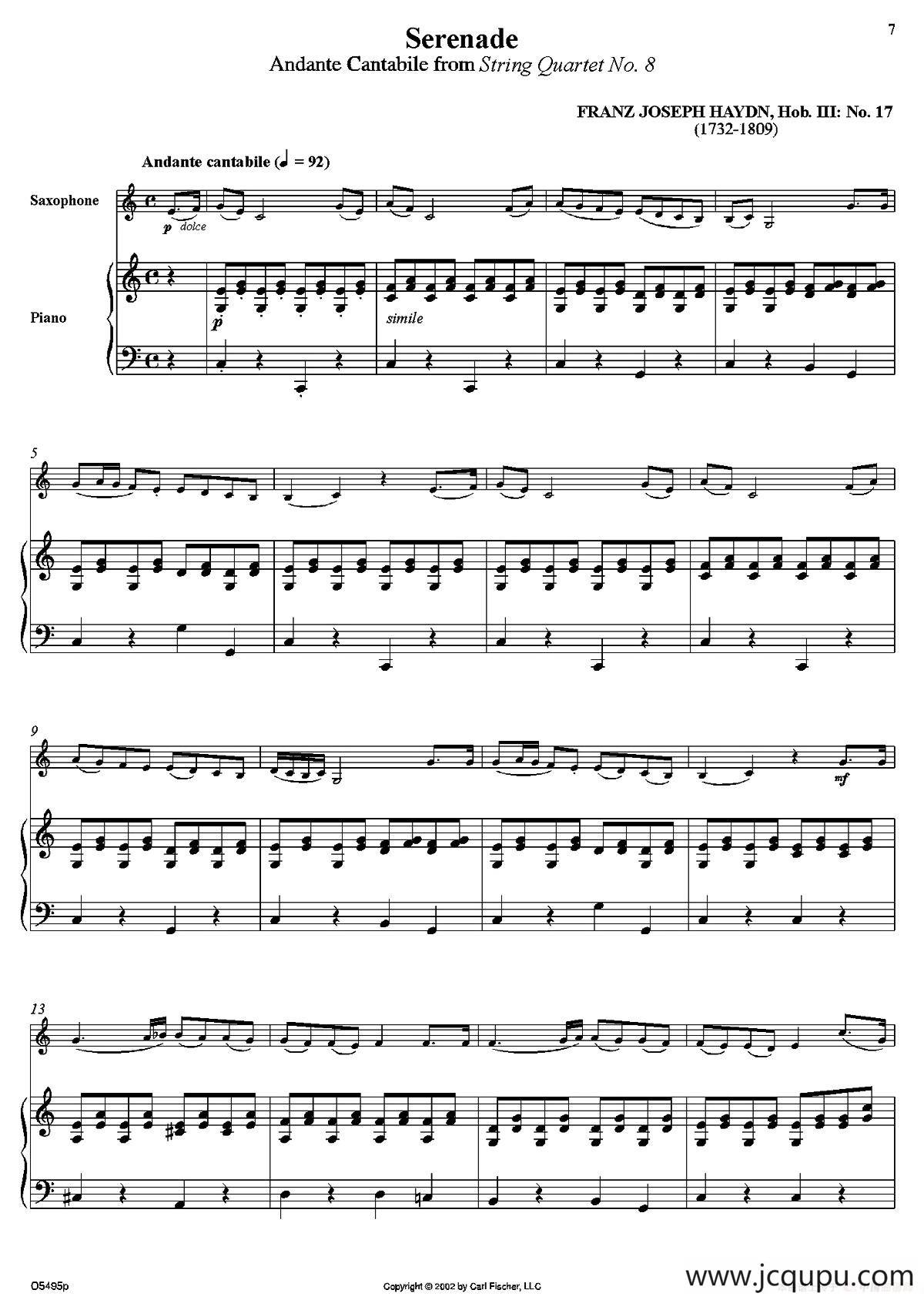 Serenade（萨克斯+钢琴伴奏）简谱