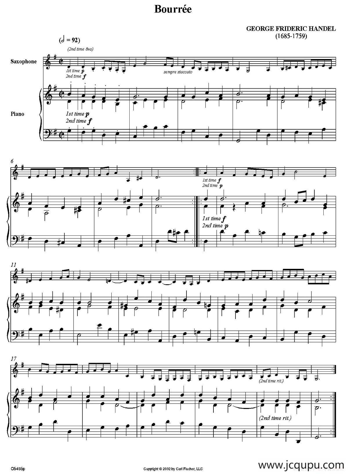 Bourree（萨克斯+钢琴伴奏）简谱