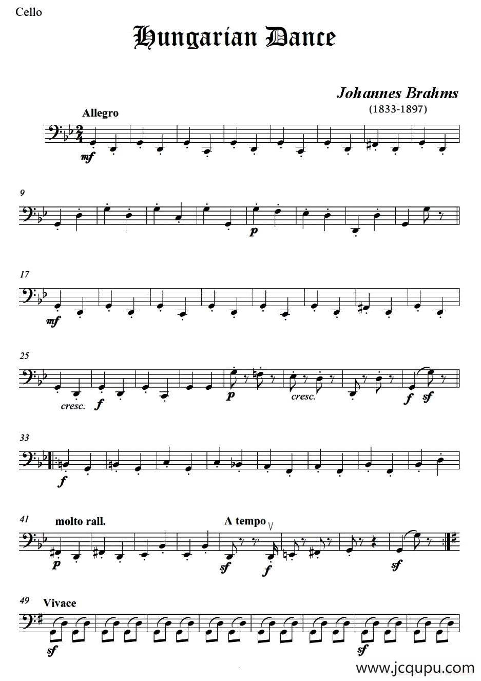 匈牙利舞曲（弦乐四重奏大提琴分谱）简谱