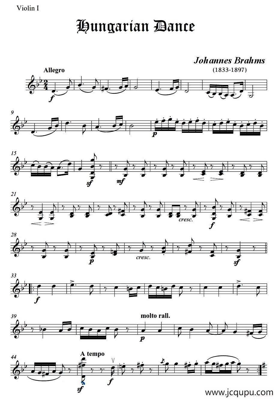 匈牙利舞曲（弦乐四重奏第一小提琴分谱）简谱
