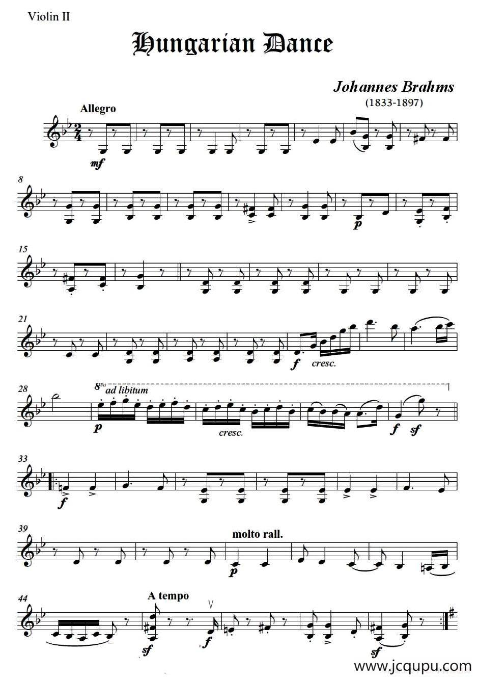 匈牙利舞曲（弦乐四重奏第二小提琴分谱）简谱