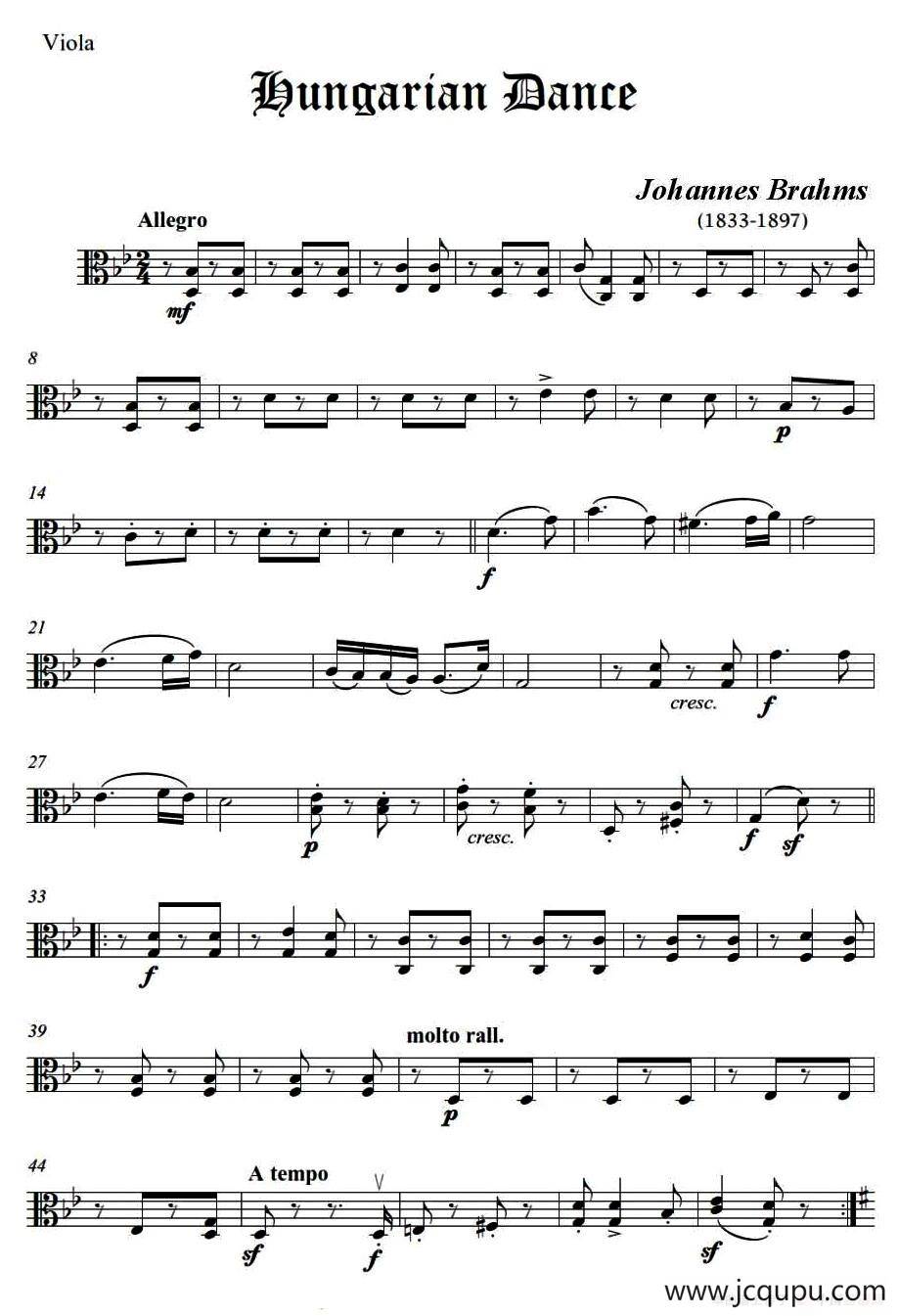 匈牙利舞曲（弦乐四重奏中提琴分谱）简谱