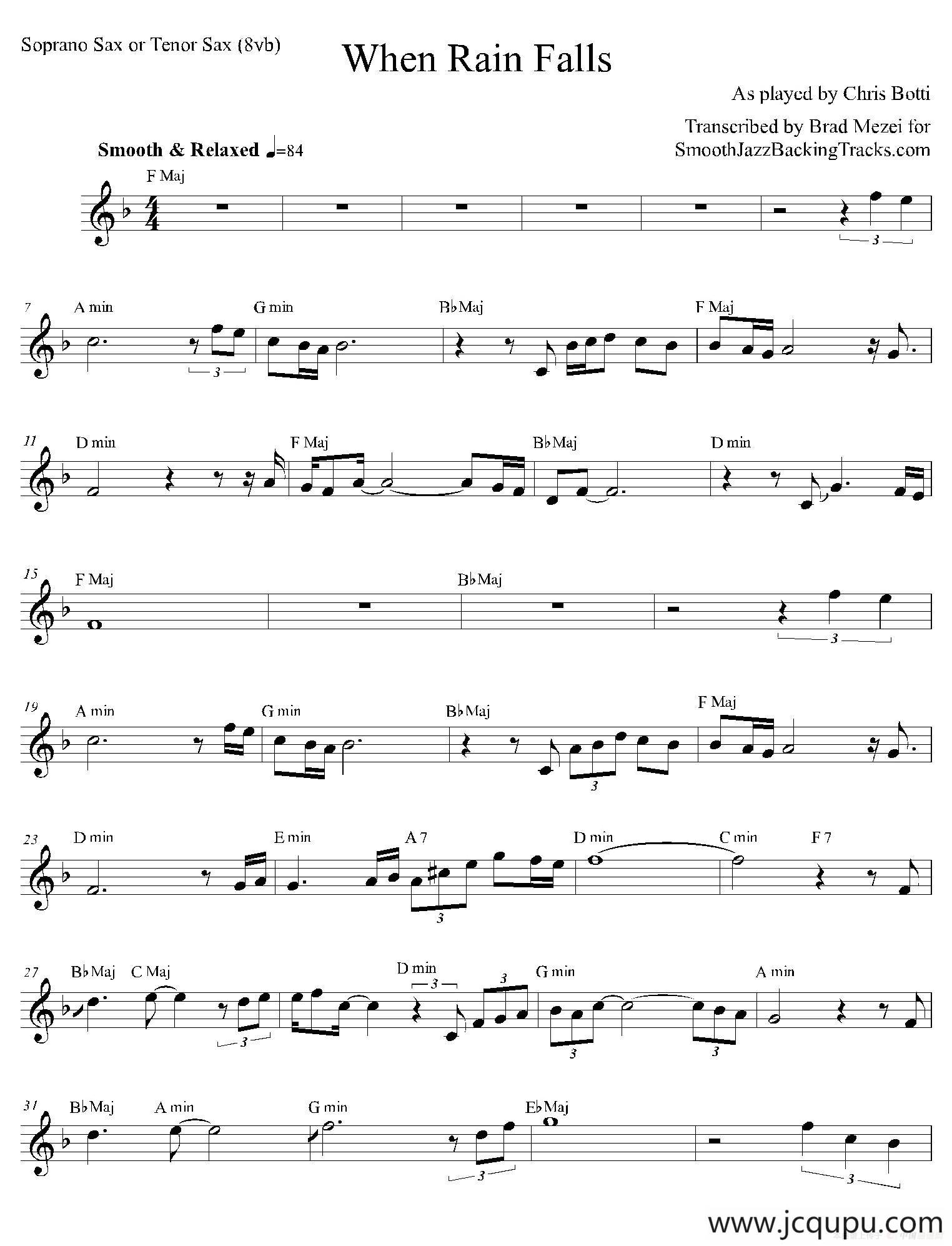 When Rain Falls（次中音萨克斯）简谱
