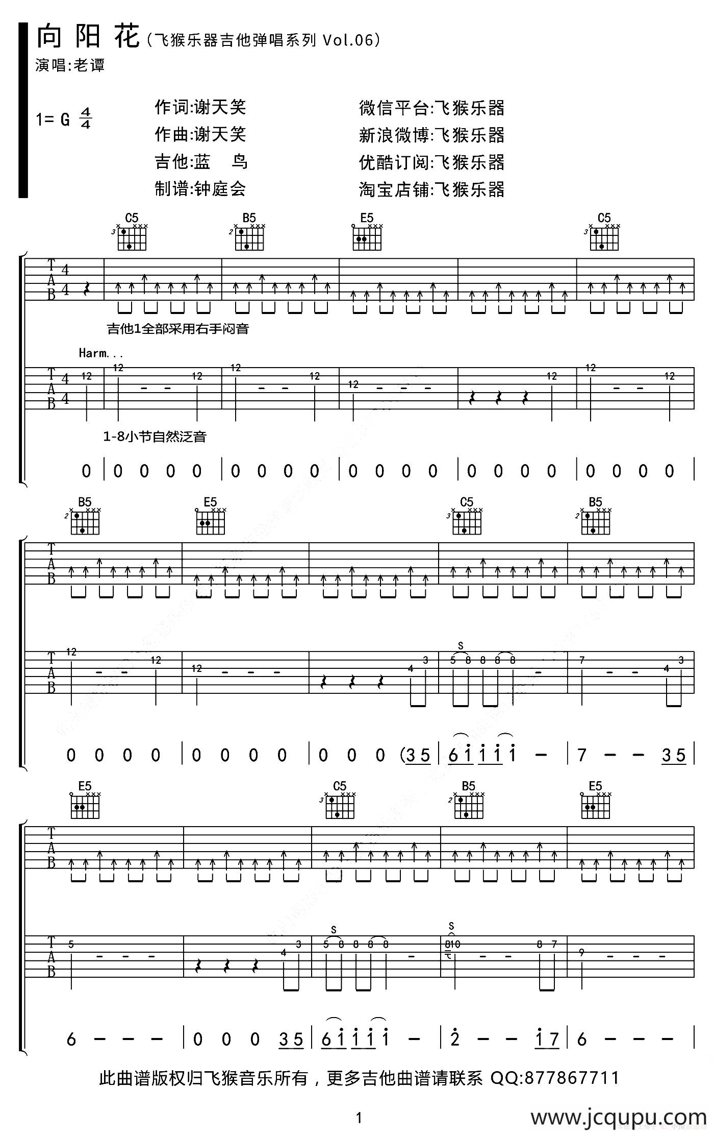 向阳花（G调双吉他版）简谱