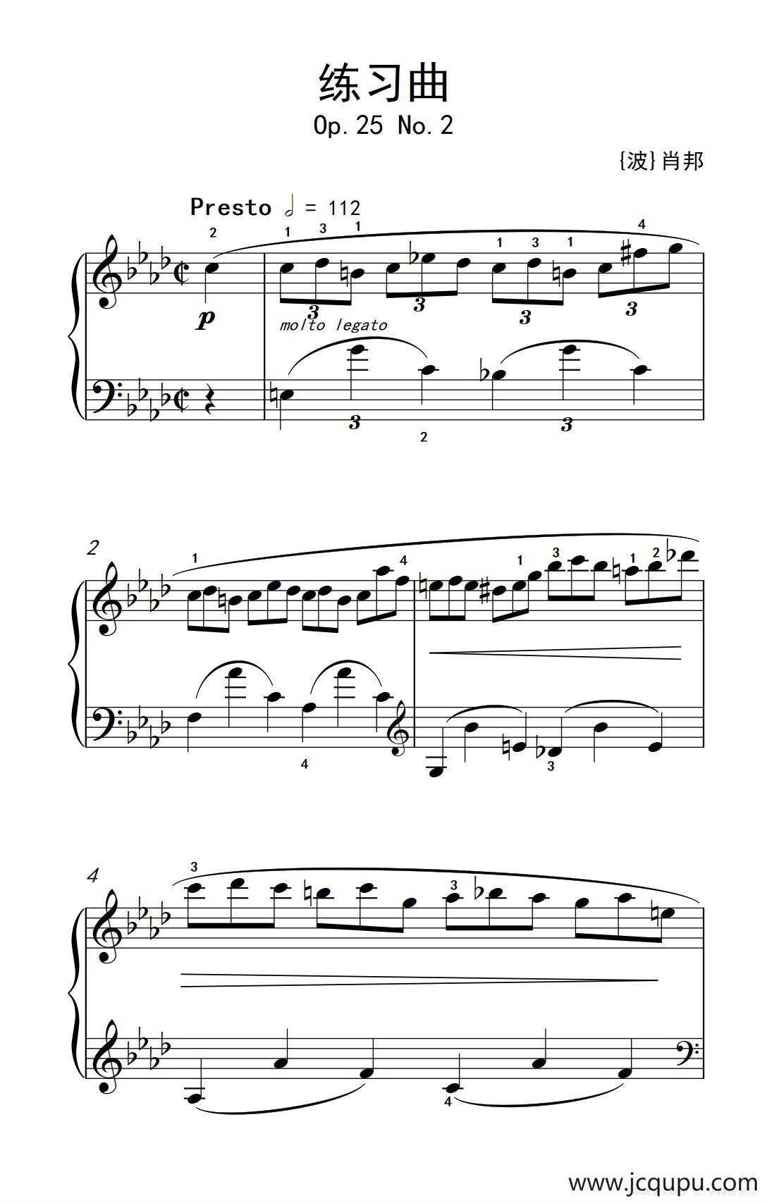 第九级1.练习曲 Op.25 No.2（中央音乐学院 钢琴（业余）考级教程 7-9级）简谱