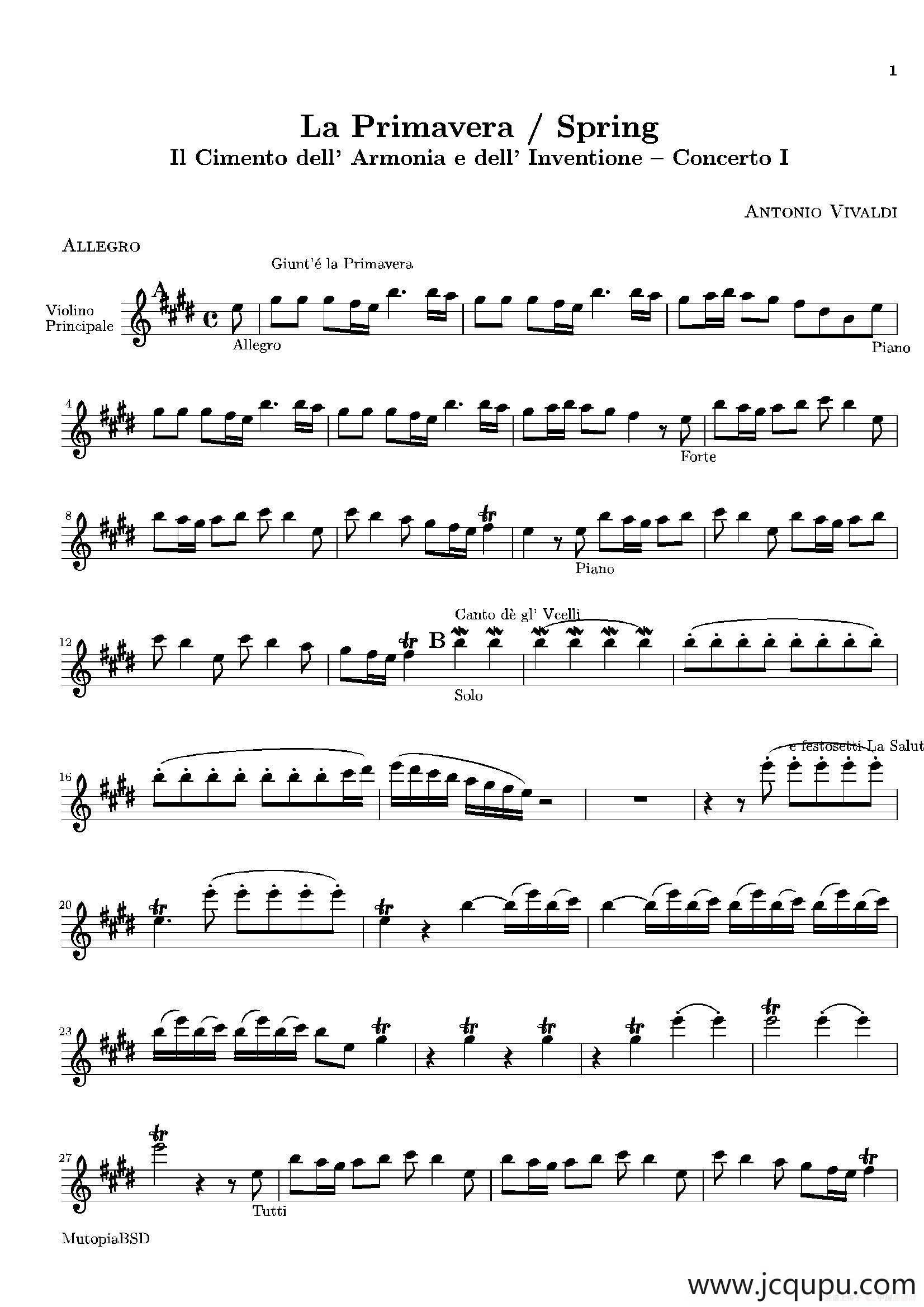 La Primavera·Spring（四季·春）（小提琴分谱）简谱