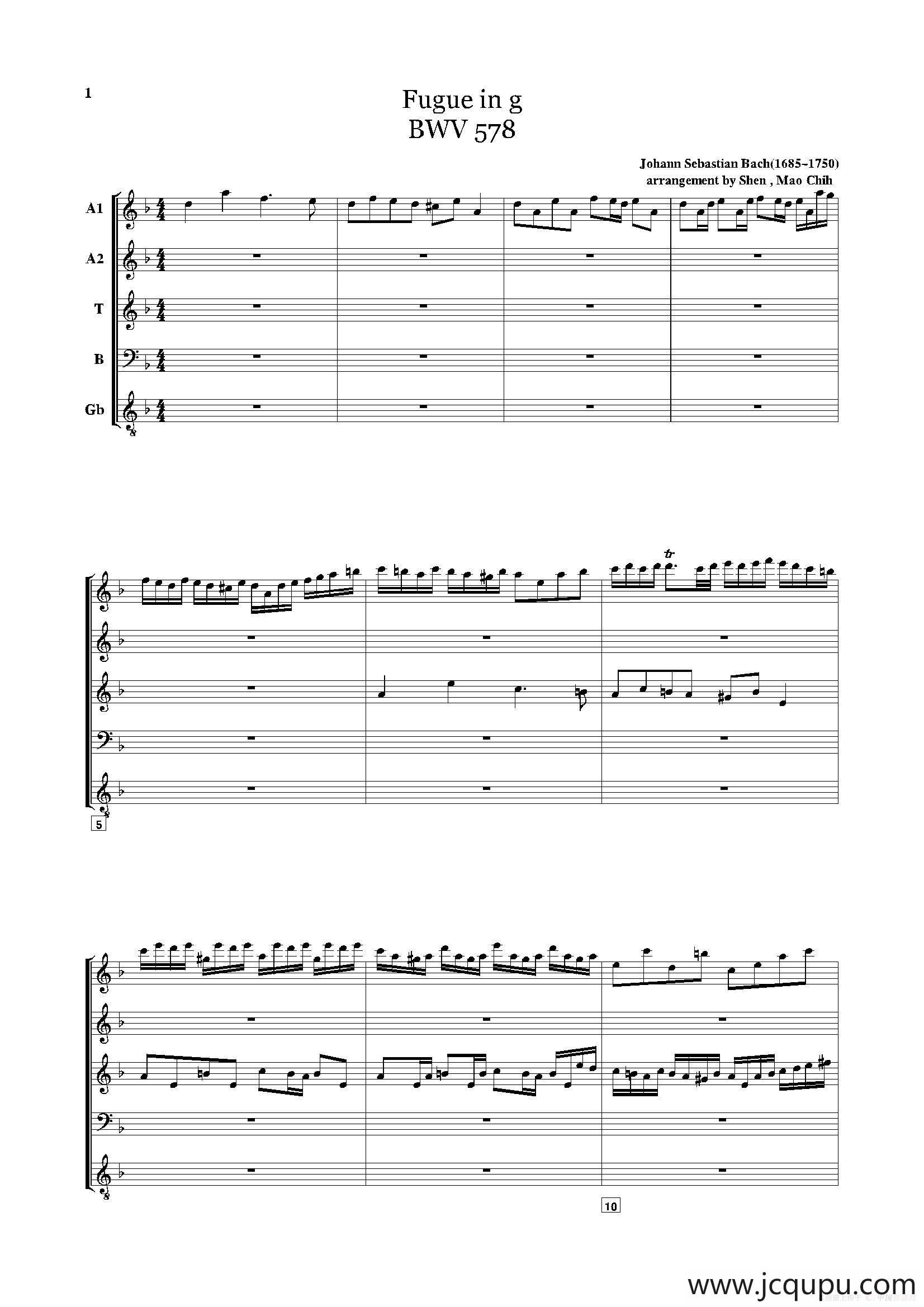 巴赫G小调赋格（五重奏）简谱