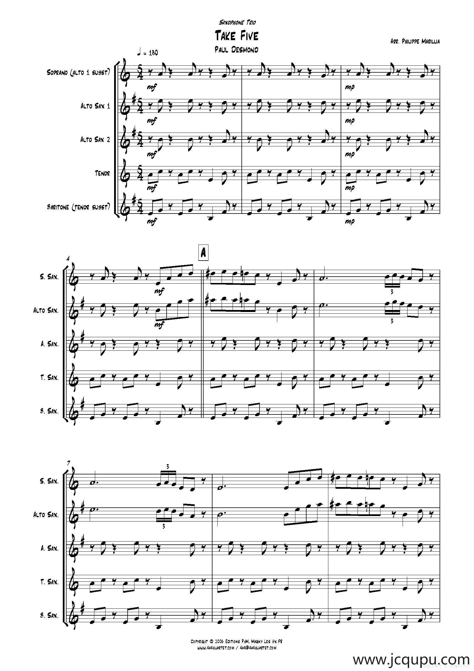 Take Five（无伴奏爵士五重奏总谱）简谱