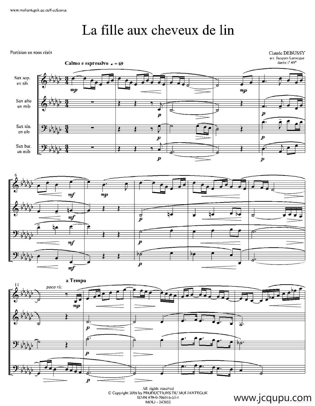 亚麻色头发的少女（四重奏总谱）简谱