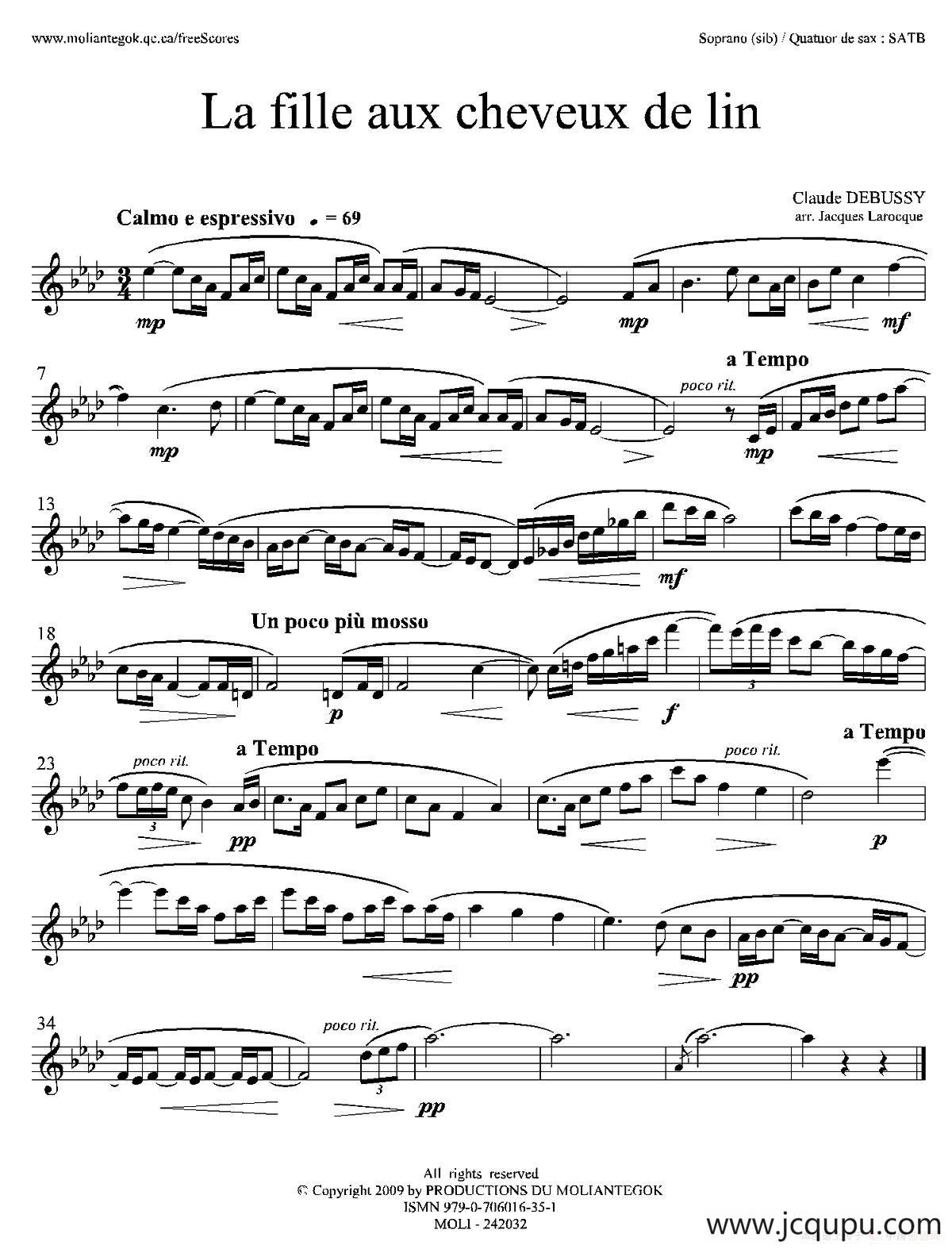 亚麻色头发的少女（四重奏高音萨克斯分谱）简谱