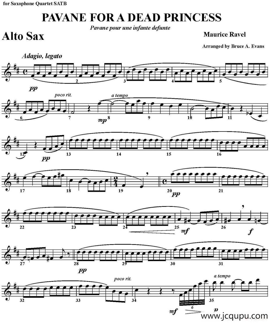 PAVANE FOR A DEAD PRINCESS（四重奏·中音萨克斯分谱）简谱