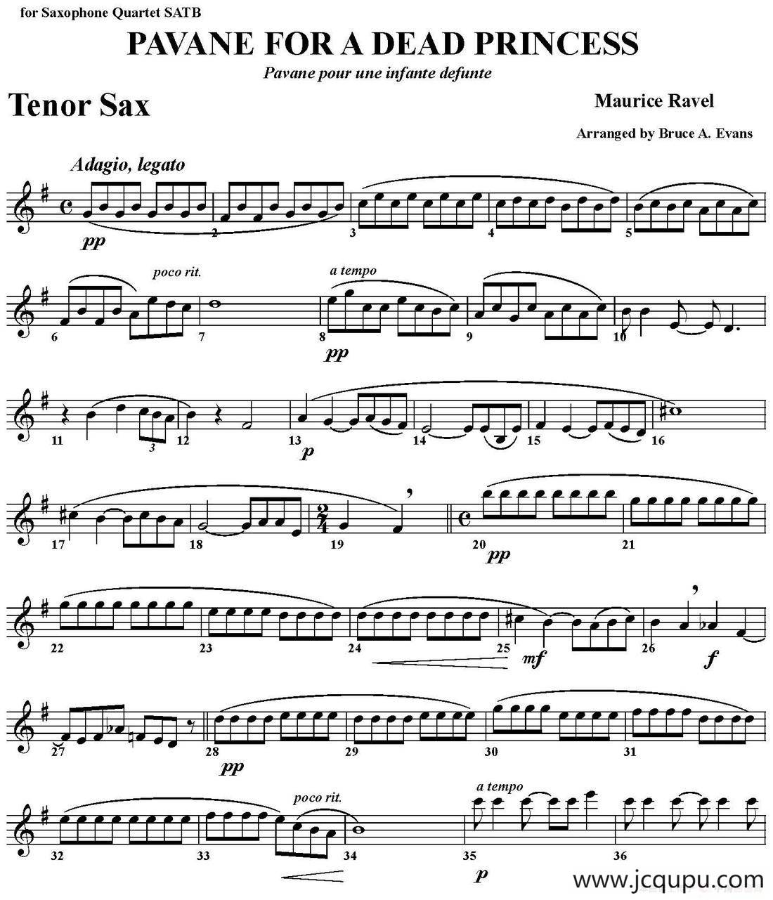 PAVANE FOR A DEAD PRINCESS（四重奏·次中音萨克斯分谱）简谱