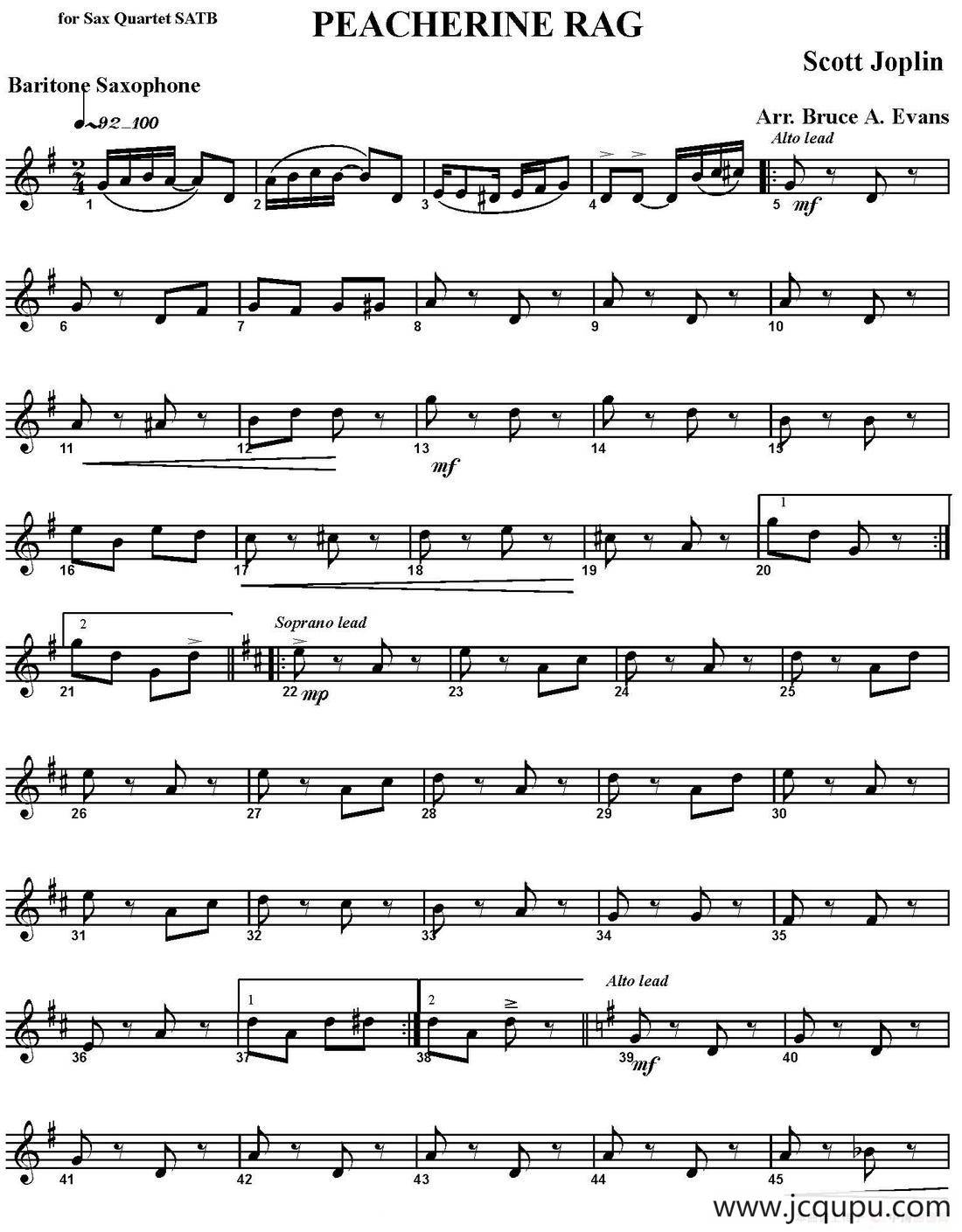 PEACHERINE RAG（四重奏·上低音萨克斯分谱）简谱