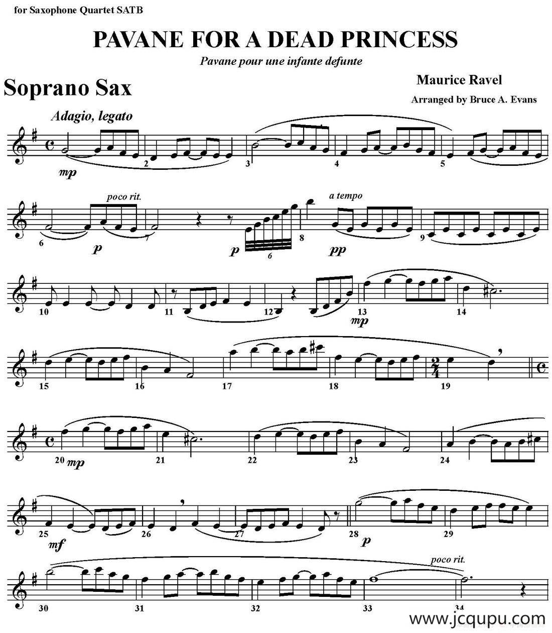 PAVANE FOR A DEAD PRINCESS（四重奏·高音萨克斯分谱）简谱