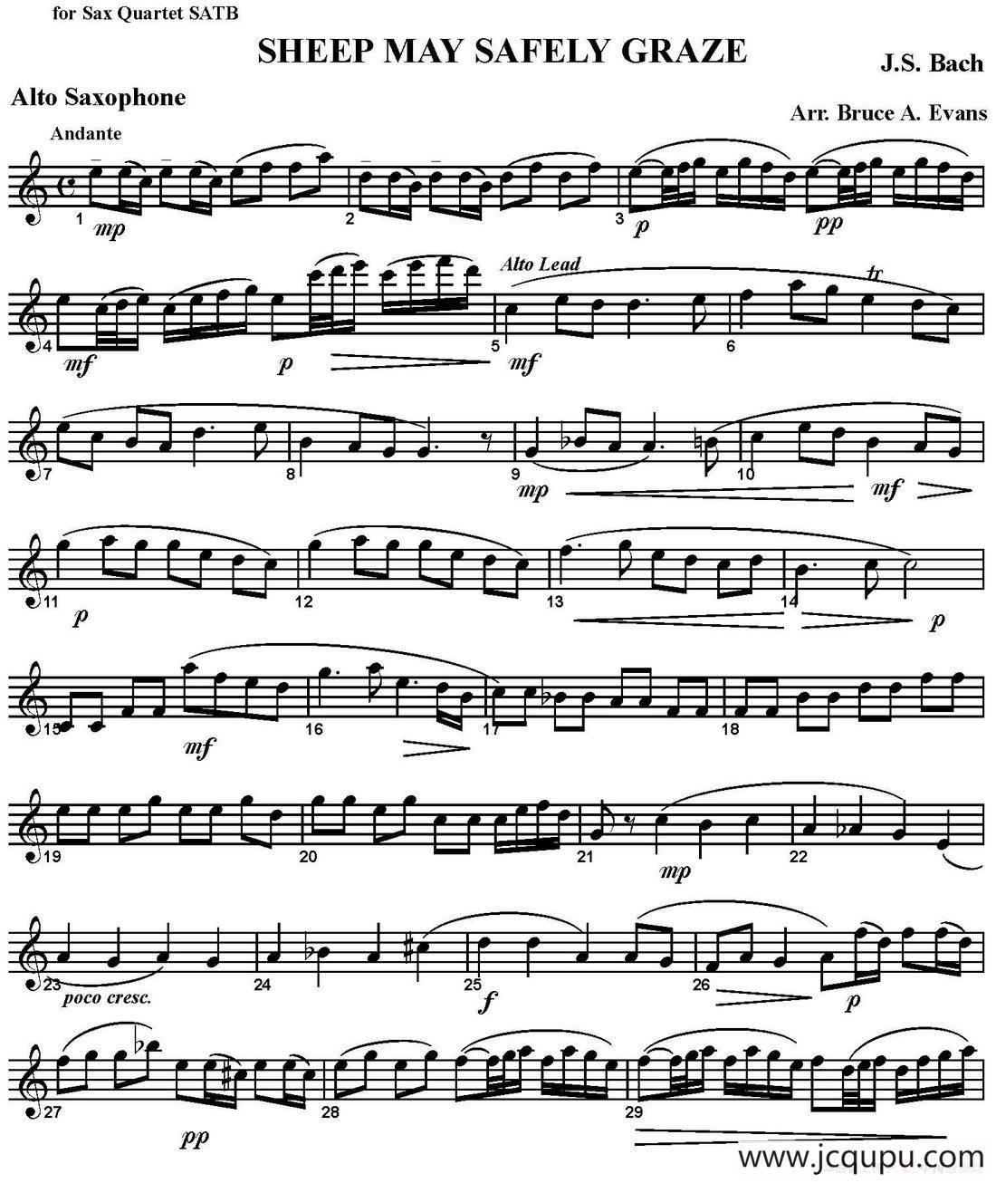 SHEEP MAY SAFELY GRAZE（四重奏·中音萨克斯分谱）简谱