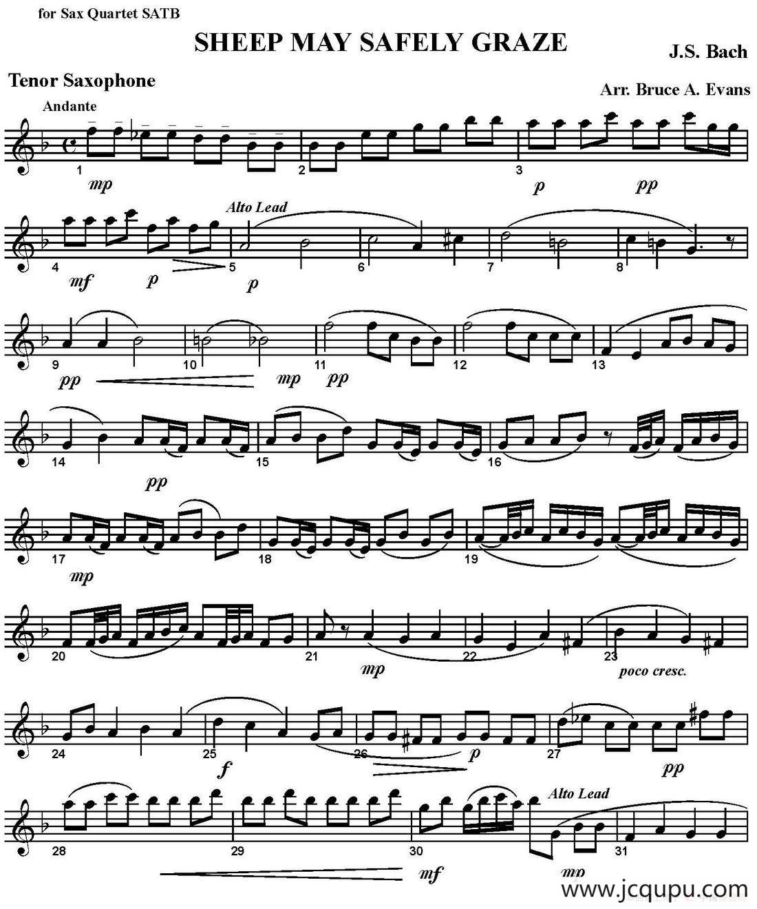 SHEEP MAY SAFELY GRAZE（四重奏·次中音萨克斯分谱）简谱