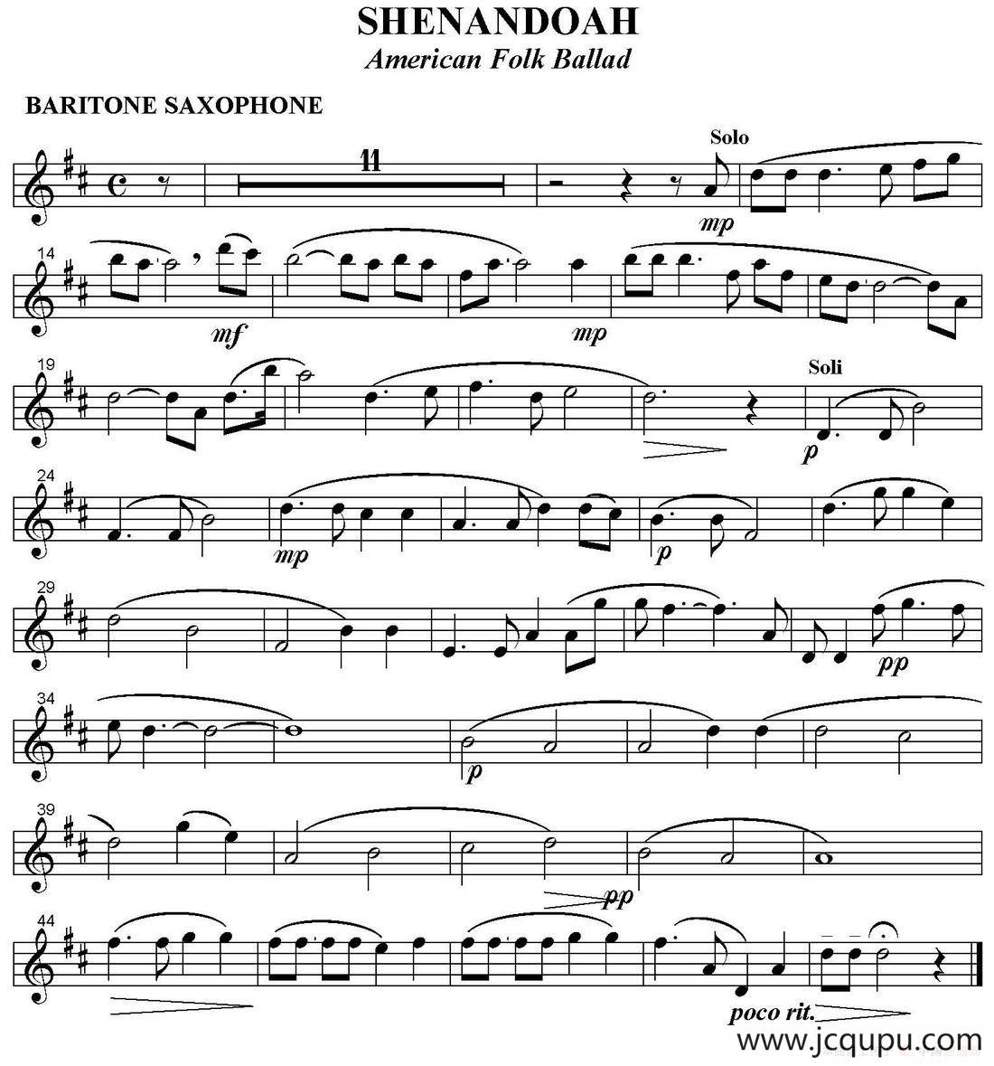 SHENANDOAH（四重奏·上低音萨克斯分谱）简谱