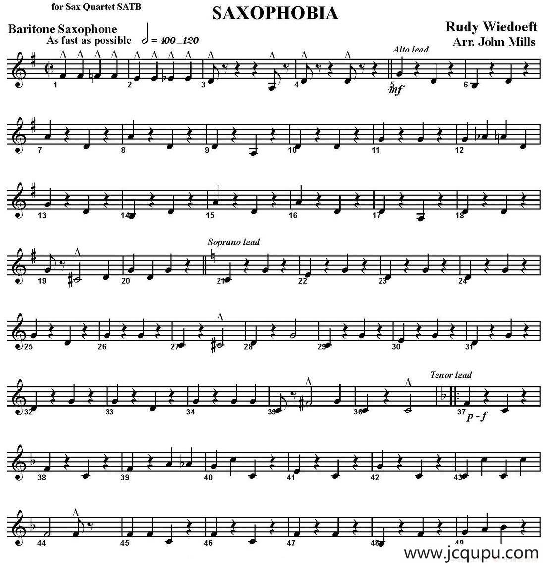 SAXOPHOBIA（四重奏·上低音萨克斯分谱）简谱