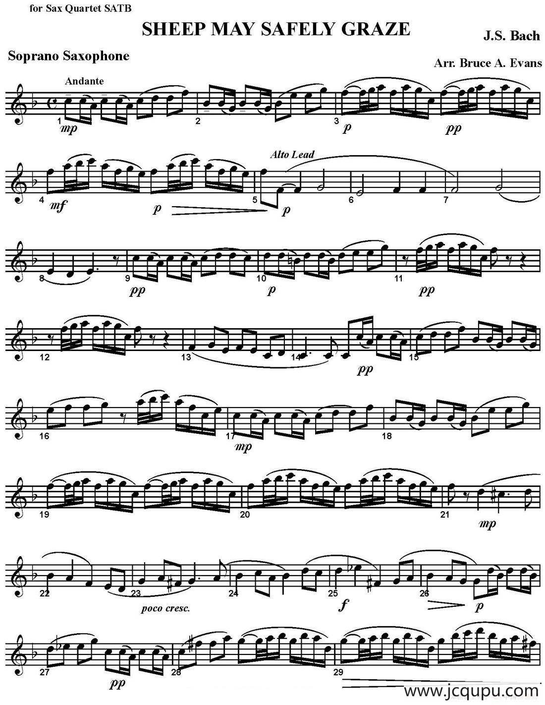 SHEEP MAY SAFELY GRAZE（四重奏·高音萨克斯分谱）简谱