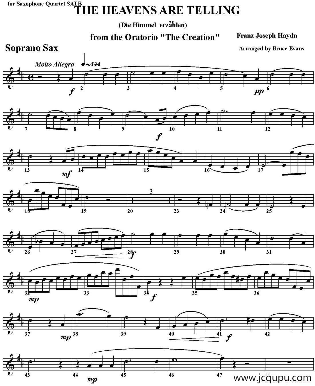 THE HEAVENS ARE TELLING（四重奏·高音萨克斯分谱）简谱