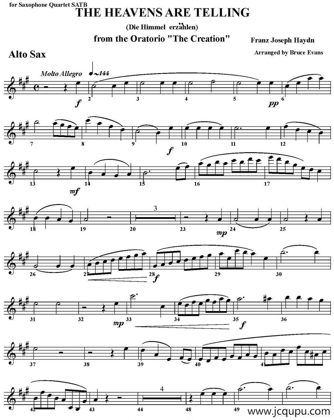 THE HEAVENS ARE TELLING（四重奏·中音萨克斯分谱）简谱