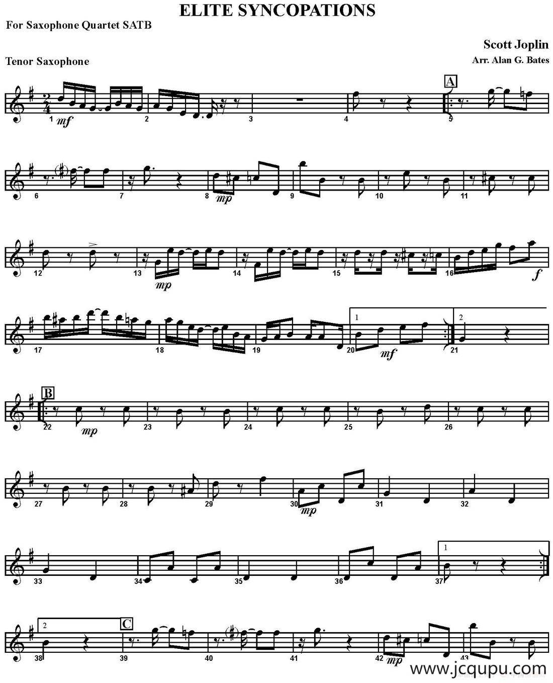 ELITE SYNCOPATIONS（四重奏·次中音萨克斯分谱）简谱