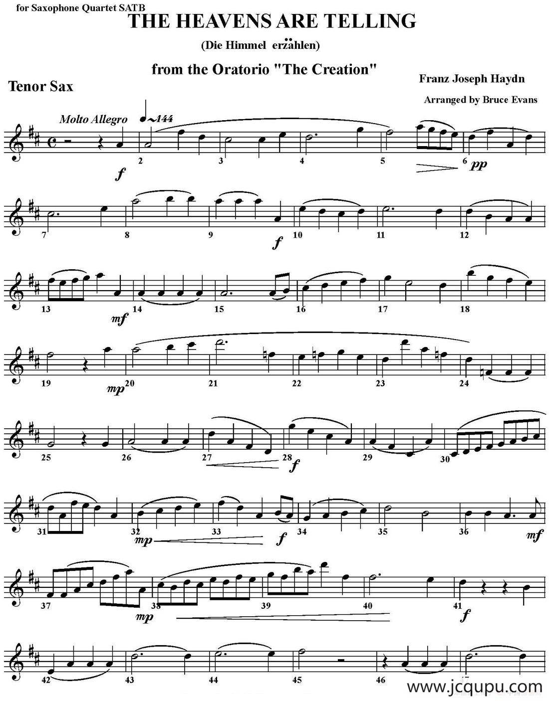 THE HEAVENS ARE TELLING（四重奏·次中音萨克斯分谱）简谱