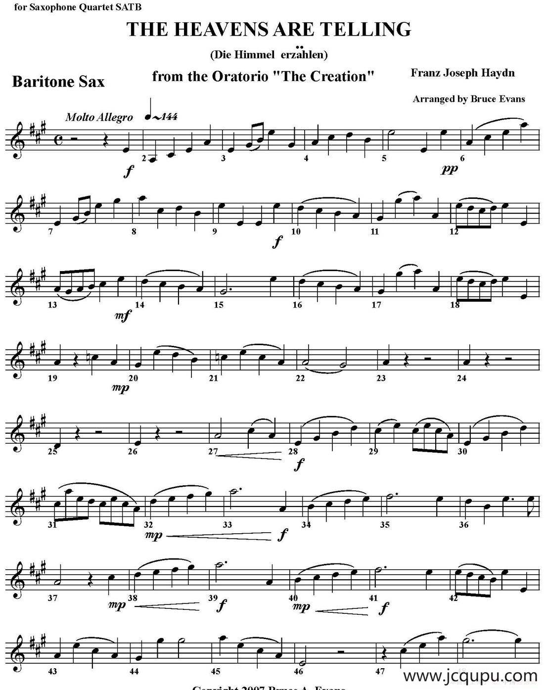 THE HEAVENS ARE TELLING（四重奏·上低音萨克斯分谱）简谱