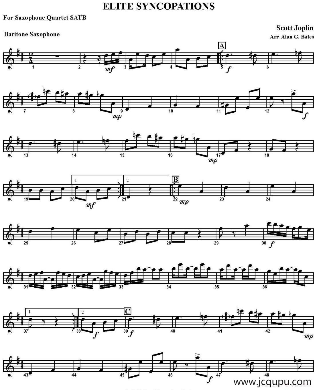 ELITE SYNCOPATIONS（四重奏·上低音萨克斯分谱）简谱