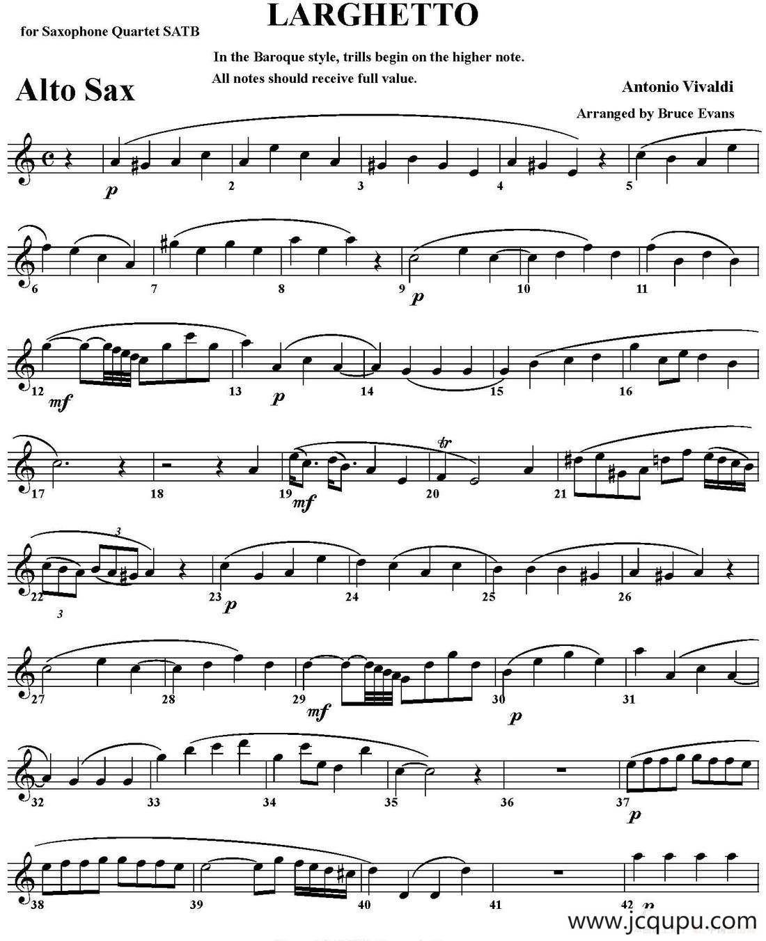 LARGHETTO（四重奏·中音萨克斯分谱）简谱