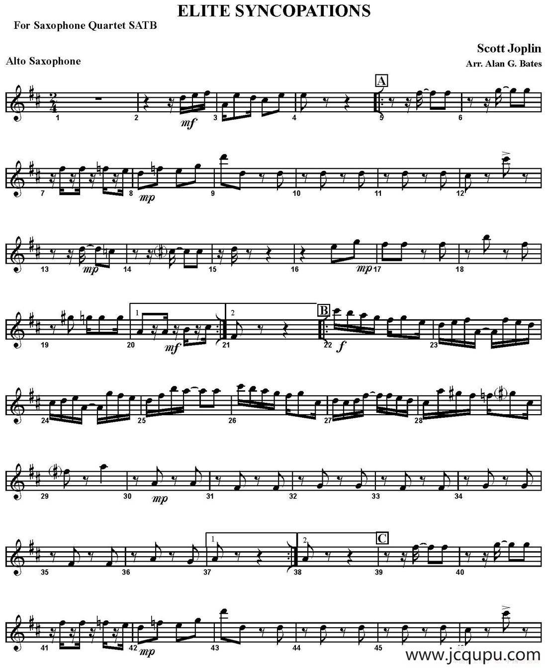 ELITE SYNCOPATIONS（四重奏·中音萨克斯分谱）简谱